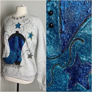 Vintage 90s Glitter Paint Cowboy Boot Crewneck Sweatshirt //‎ Size L